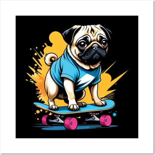 Pug on a Skateboard Posters and Art